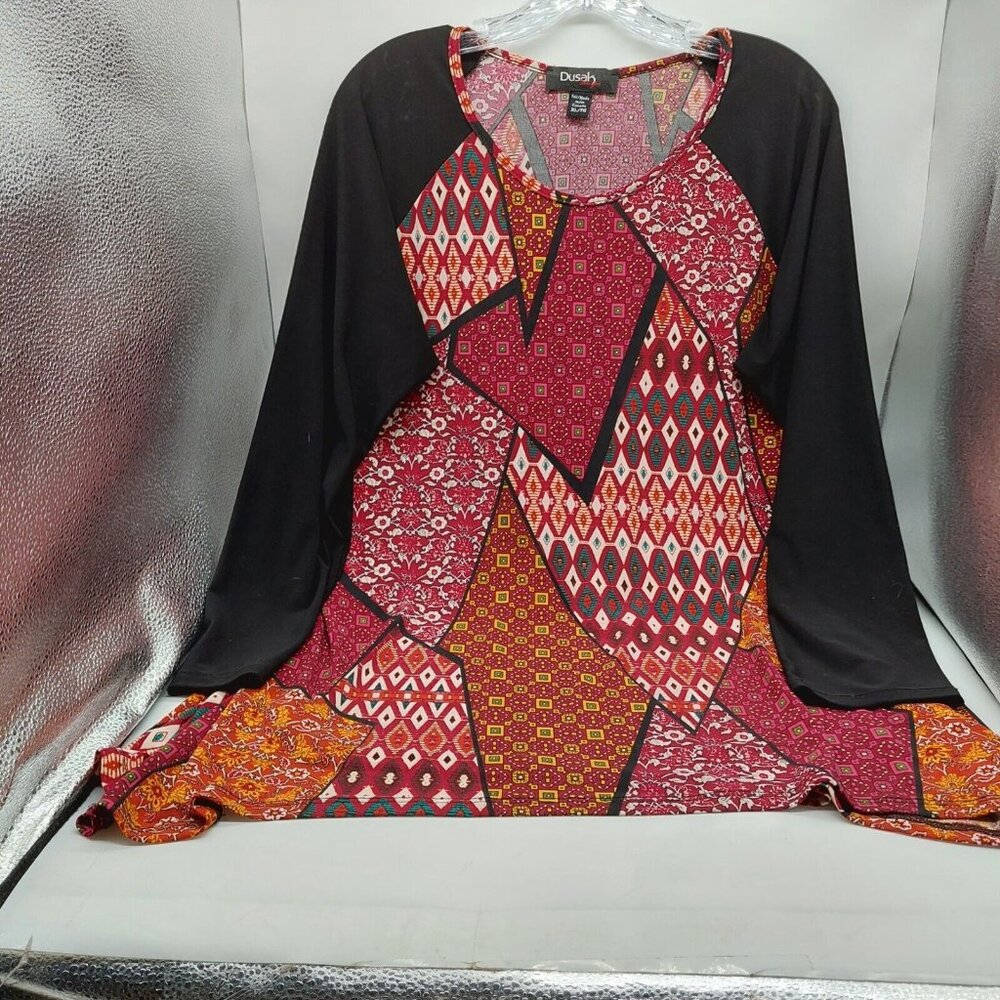 Dusak Design Women's Tunic Top Multicolored Geometric 3/4 Sleeve Shirt Size XL
